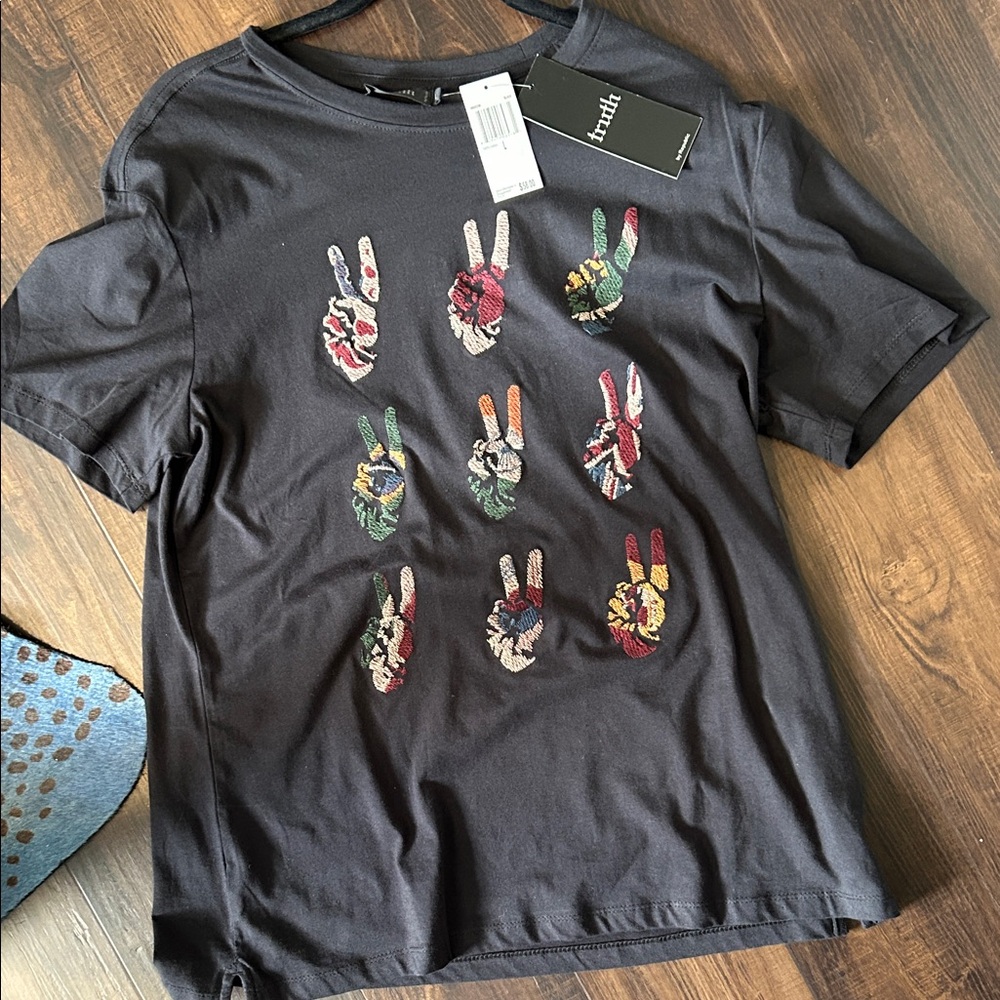 NWT Black Graphic Tee With Embroidered Peace Signs
